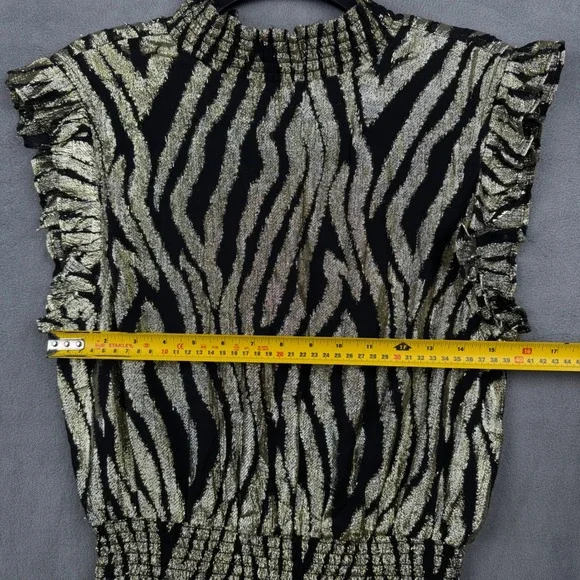 Elan Black Gold Zebra Print Mock Neck Ruffle Sleeve Smocked Waist Mini  Dress L